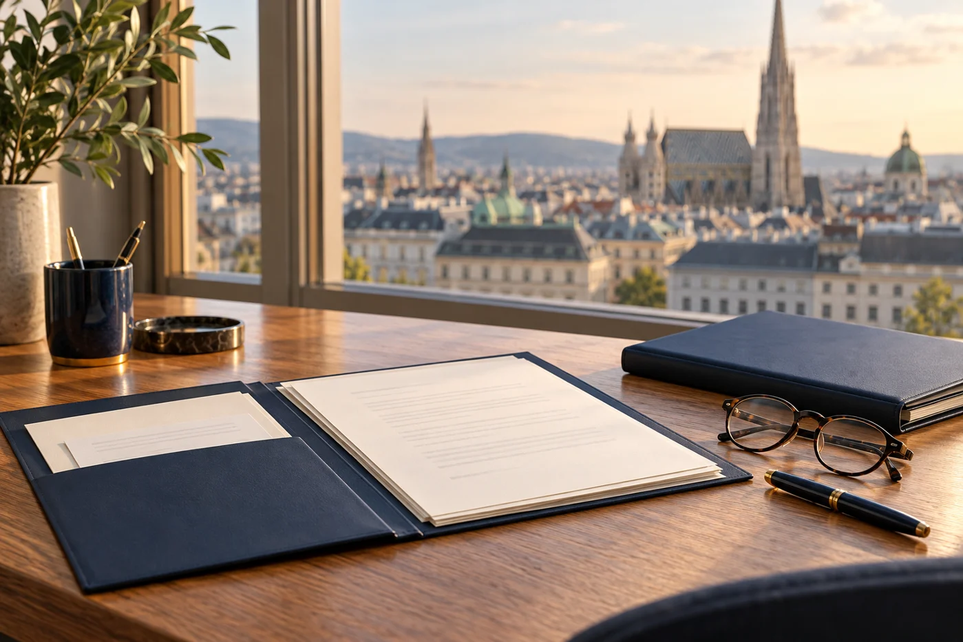 Geordnete Unterlagen, Schreibutensilien und Dokumentenmappe am Schreibtisch