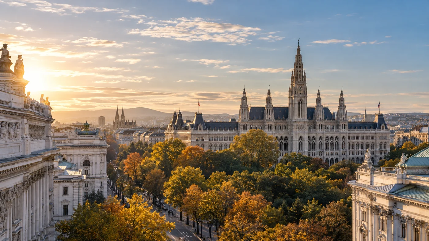 Wiener Rathaus und historische Architektur in warmem Licht